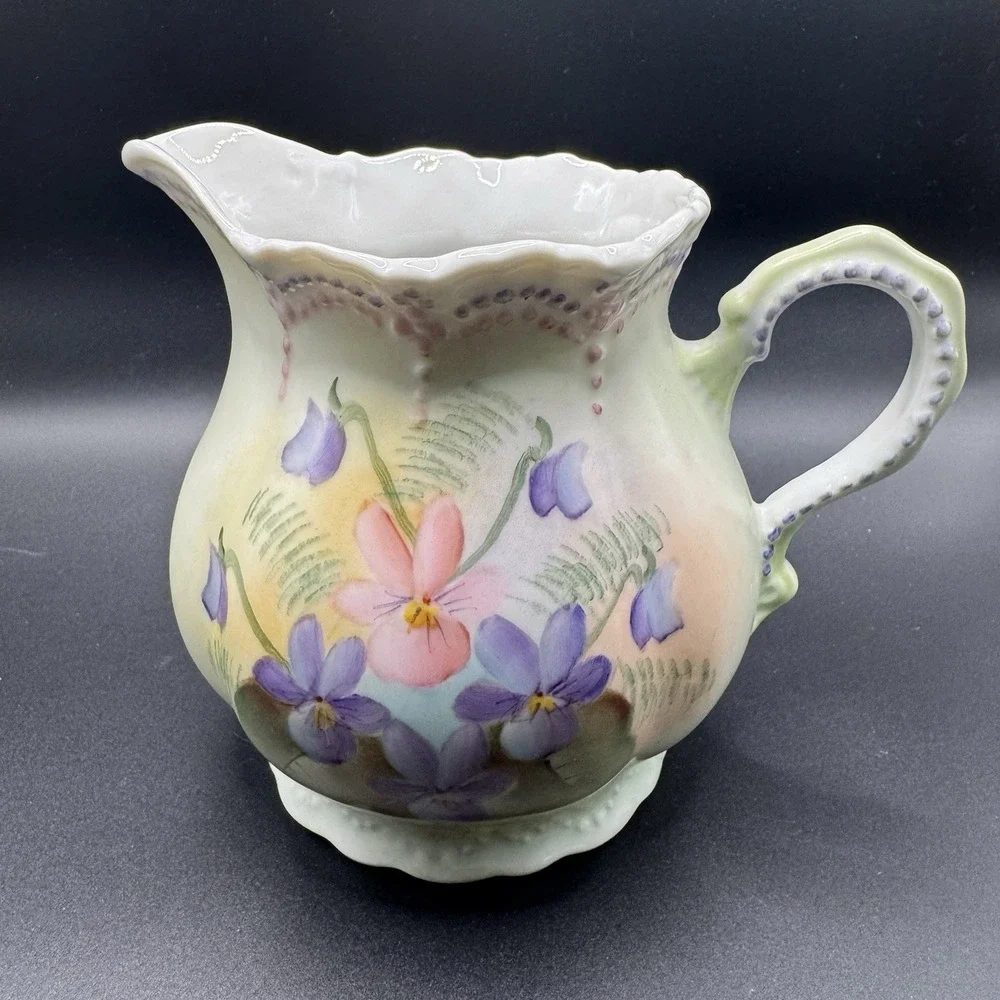 Vintage 1981 Hand-Painted Floral Porcelain Large Creamer Milk Pitcher